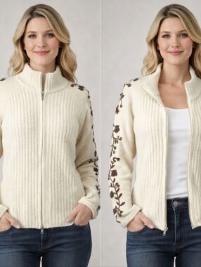 Mac & Jac Gray Snap Cardigan Sweater Sz L Floral Embroidery Wool Lycra Blend